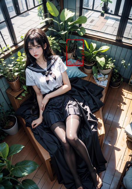 606247209521969376-2120175986-Epic CG masterpiece, an anime girl in a room with plants, no shoes, Black transparent pantyhose, pleated skirt, Sailor suit, sai(1).jpg